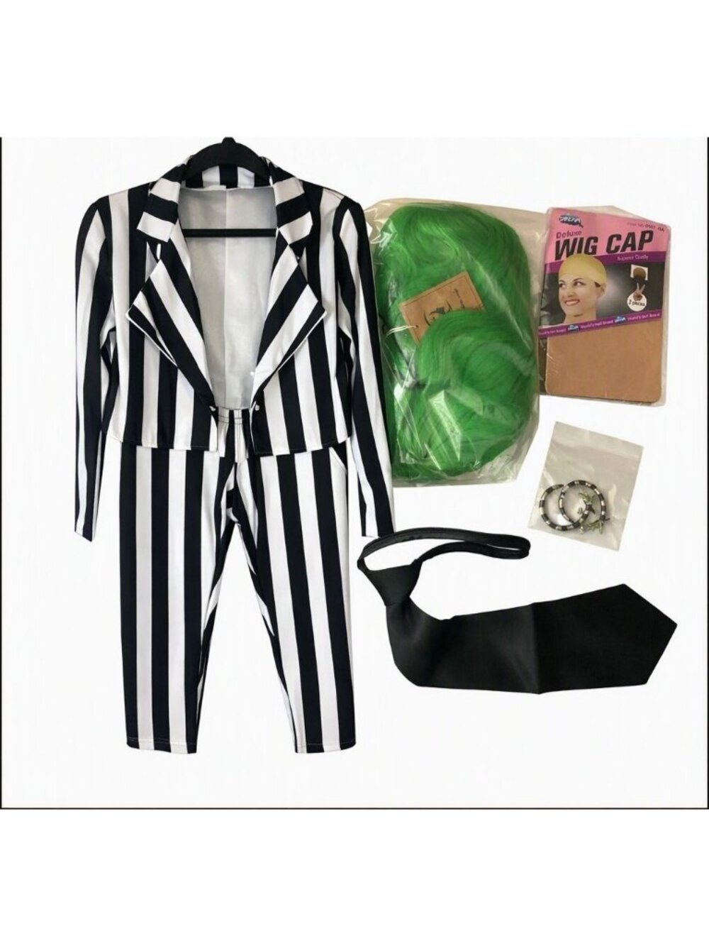 Beetlejuice Womens Costume Set M Striped Jacket Pants Green Wig Tie Earrings